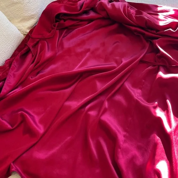 Velvet Burnout Satin Wrap Robe Long Shawl Collar Belt Pockets Women M Red Floral - Picture 12 of 17